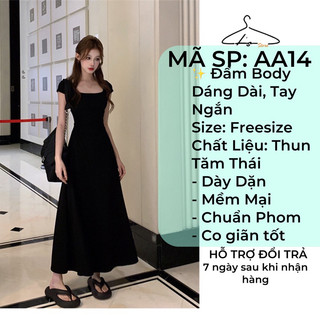Đầm Body Nữ Dáng Dài, Tay ngắn, Cổ Vuông Chất Thun Tăm Thái