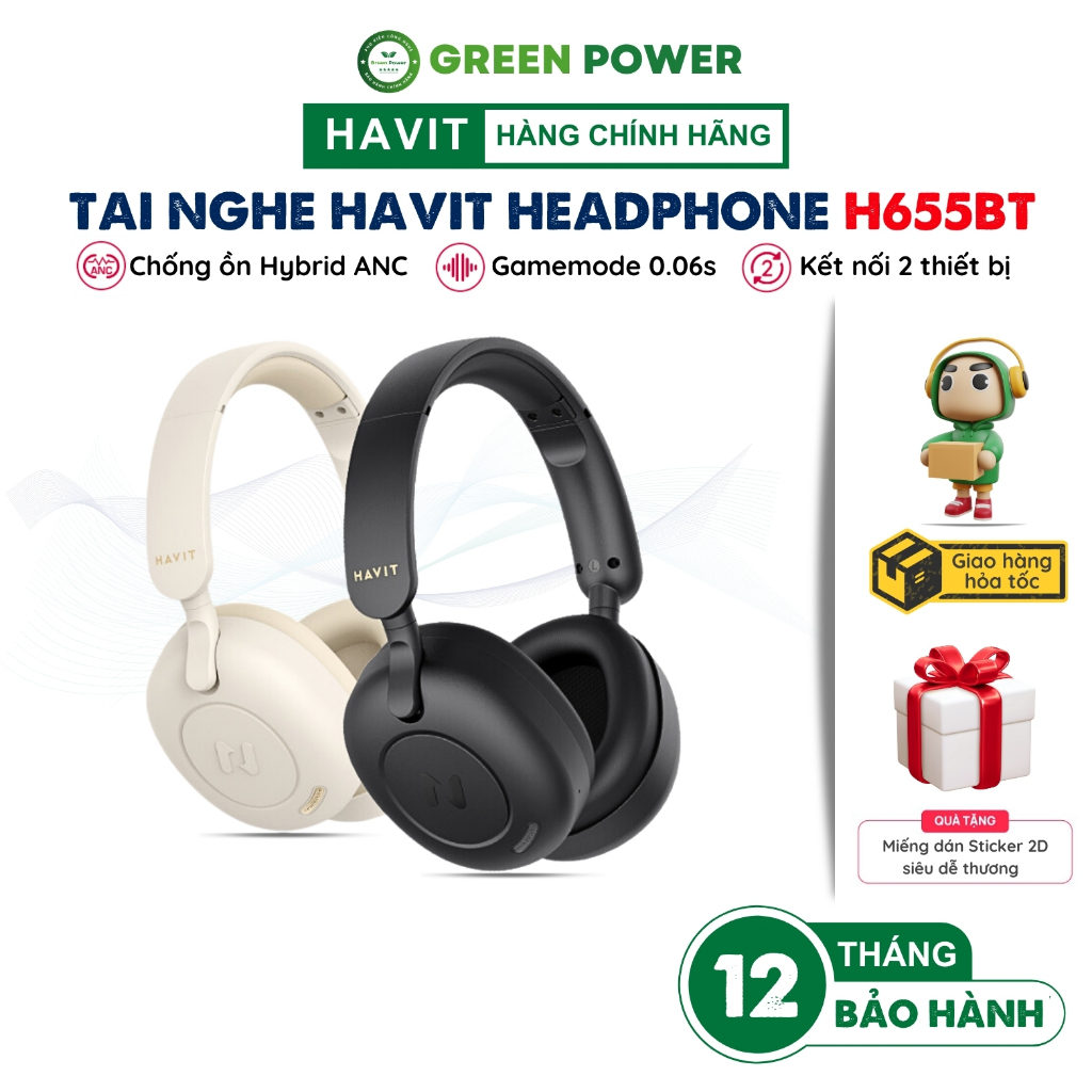 Tai Nghe Headphone Bluetooth HAVIT H655BT, BT 5.3 Chống Ồn Chủ Động ANC, Gamemode 60ms, Nghe Đến 65Giờ - Hàng Chính Hãng