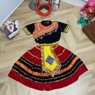 Trang phục múa biểu diễn văn nghệ dân tộc Mèo, dân tộc H'Mông chất nhung hàng loại 1, Áo thổ cẩm liền chân váy múa xoè