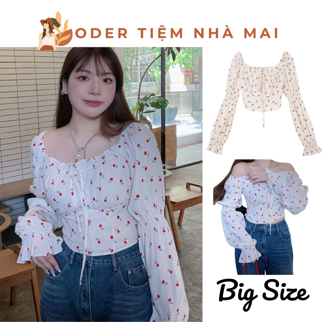 Áo Croptop Bigsize, Áo Sơ Mi Nữ Bigsize Tay Dài, Mặc 2 Kiểu Cổ Vuông Trễ Vai Họa Tiết Hoa Nhí Hàng Quảng Châu