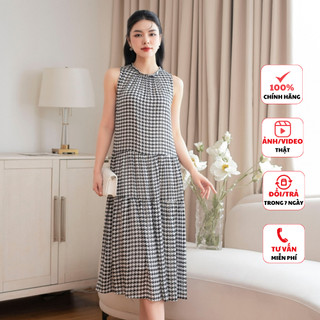 Đầm dáng suông FIONA vải chiffon lụa váy dài nữ sát nách cổ bèo xếp trẻ trung phù hợp đi biển đi chơi F414034