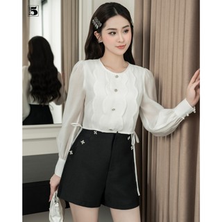 Áo sơ mi nữ Twentyfive dáng ngắn tay dài phối viền lượn sóng khóa sau AA09
