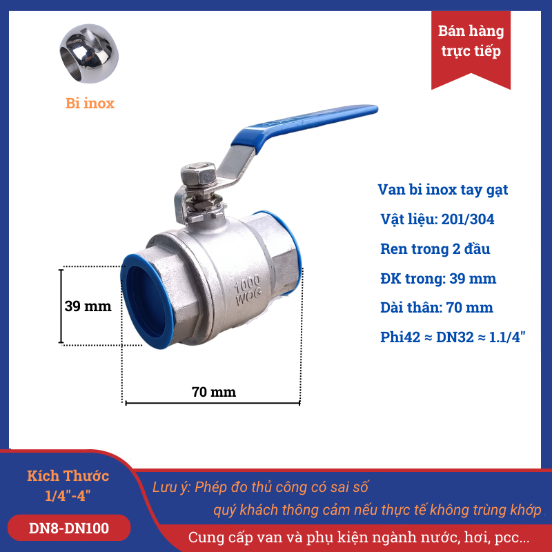 Van bi inox 201 phi 42, van khoá nước tay gạt chất liệu bằng thép không gỉ-N201