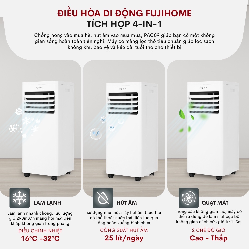 Máy lạnh đứng di động Fujihome PAC09 điều hòa thông minh làm lạnh 2600W - Kết nối wifi - BH 24 tháng