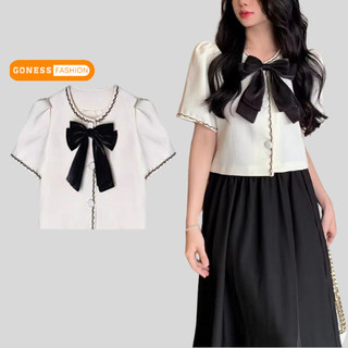 Áo sơ mi nữ Goness ngắn tay form rộng kiểu cổ tròn thắt nơ ngực chất vải cotton mềm thiết kế tay bồng tiểu thư M129