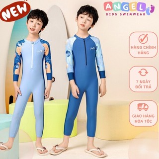 Đồ bơi liền thân tay dài cho bé trai dây kéo phía trước hoạ tiết sóng thần khủng long dễ thương chống nắng chống UV 