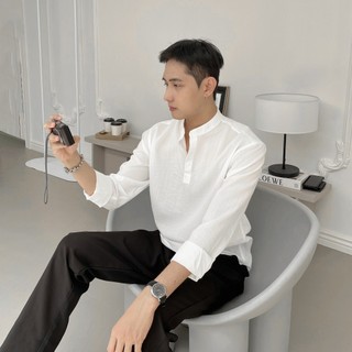 Áo sơ mi dài tay cổ V trụ, vải đũi xước mềm mại, phom dáng trẻ trung, thấm hút mồ hôi tốt - SEOUL