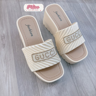 Dép cao gót độn đế 7cm đính đá GC, dép sandal đế cao chống trơn Giaydepducphuc