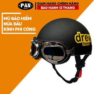Mũ Bảo Hiểm Nửa Đầu Kính Phi Công Tem Dán Cute Cho Nam và Nữ PAN Helmet - Đen Tem Drew