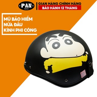 Mũ Bảo Hiểm Nửa Đầu Kính Phi Công Tem Dán Cute Cho Nam và Nữ PAN Helmet - Đen Tem Shin