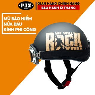 Mũ Bảo Hiểm Nửa Đầu Kính Phi Công Tem Dán Cute Cho Nam và Nữ PAN Helmet - Đen Tem Rock