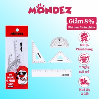 Bộ thước kẻ MONDEZ 4 món thước thẳng 15cm, thước eke, thước đo độ, làm bằng nhựa nguyên sinh an toàn cho bé M16002