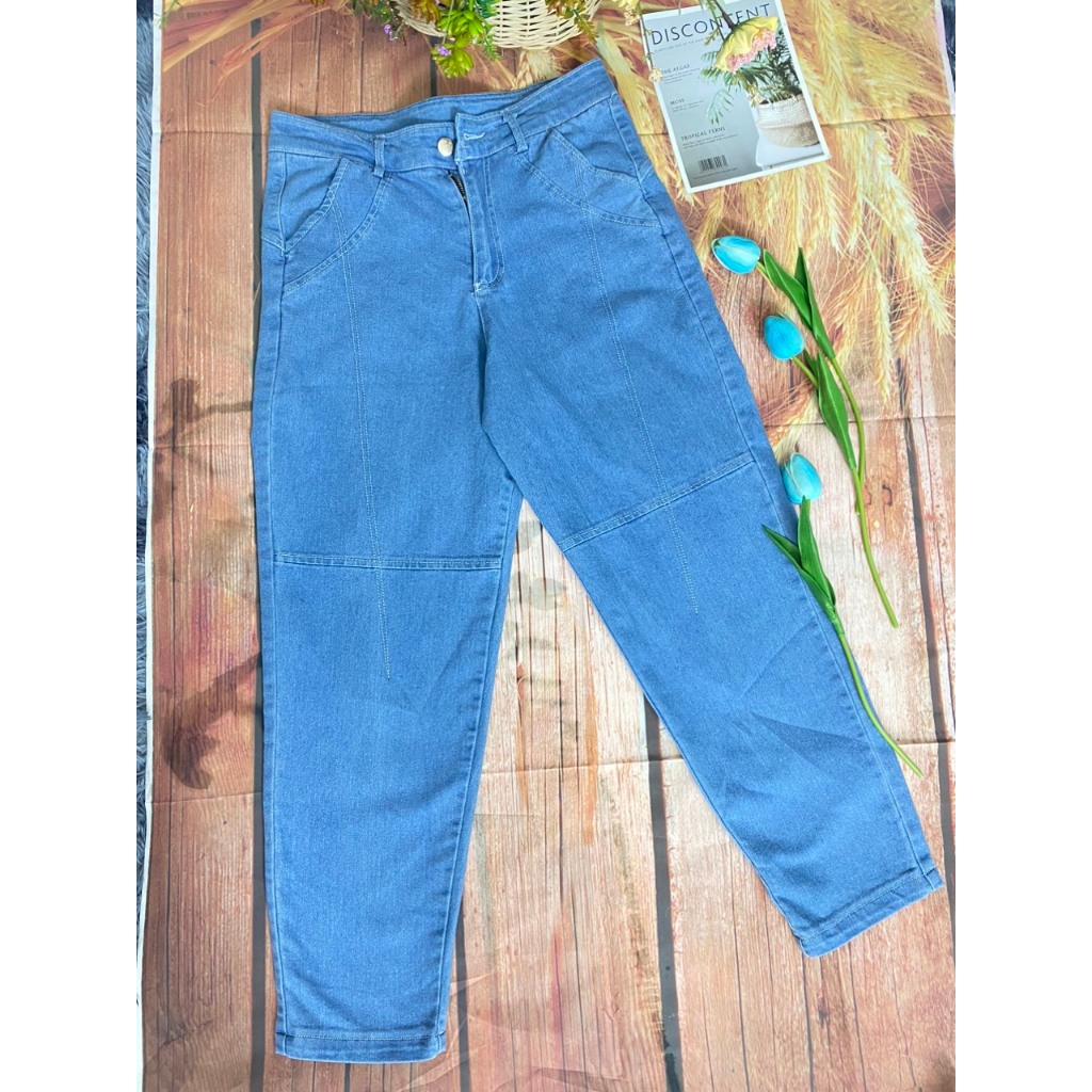 Quần jean bò thường , bò giấy dáng beggy , quần bò mềm 1 cúc có đường gân trang trí