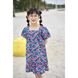 Váy bé gái tay bồng họa tiết hoa nền xanh than danh cho bé từ 6-12 tuổi thời trang M2 DFM0327