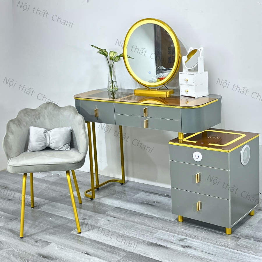Bàn trang điểm thông minh có đèn led, Bàn phấn có sạc không dây cao cấp, kết nối loa bluetooth không dây, Tặng ghế -TN02