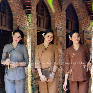 | ảnh thật | set đũi vân cổ xéo nút thắt thêu sen đồ lam đi chùa