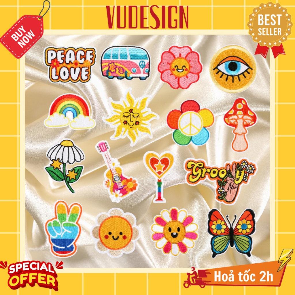 Sticker Vải, Sticker Ủi Thêu Quần Áo, Balo, Túi, Mũ Hình Trái Tim Cầu Vồng Love & Peace Vudesign