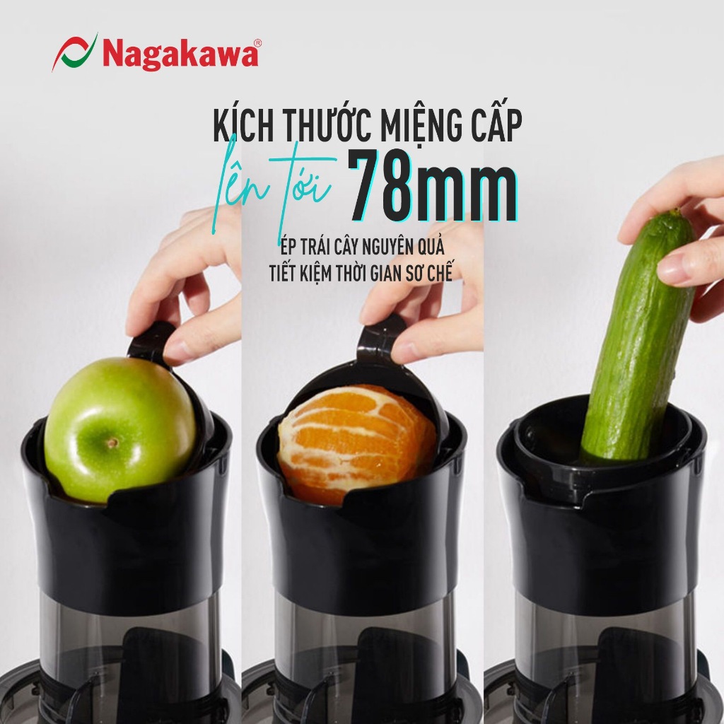 Máy ép chậm Nagakawa NAG0818 (200W) - Trục ép 6 phân đoạn kiệt bã - Ống tiếp thực phẩm lớn - Bảo hành 12 tháng