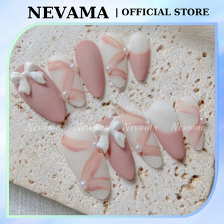 Móng tay giả NEVAMA Nail box thiết kế móng úp màu hồng đính nơ xinh xắn tiểu thư sang chảnh MTK48