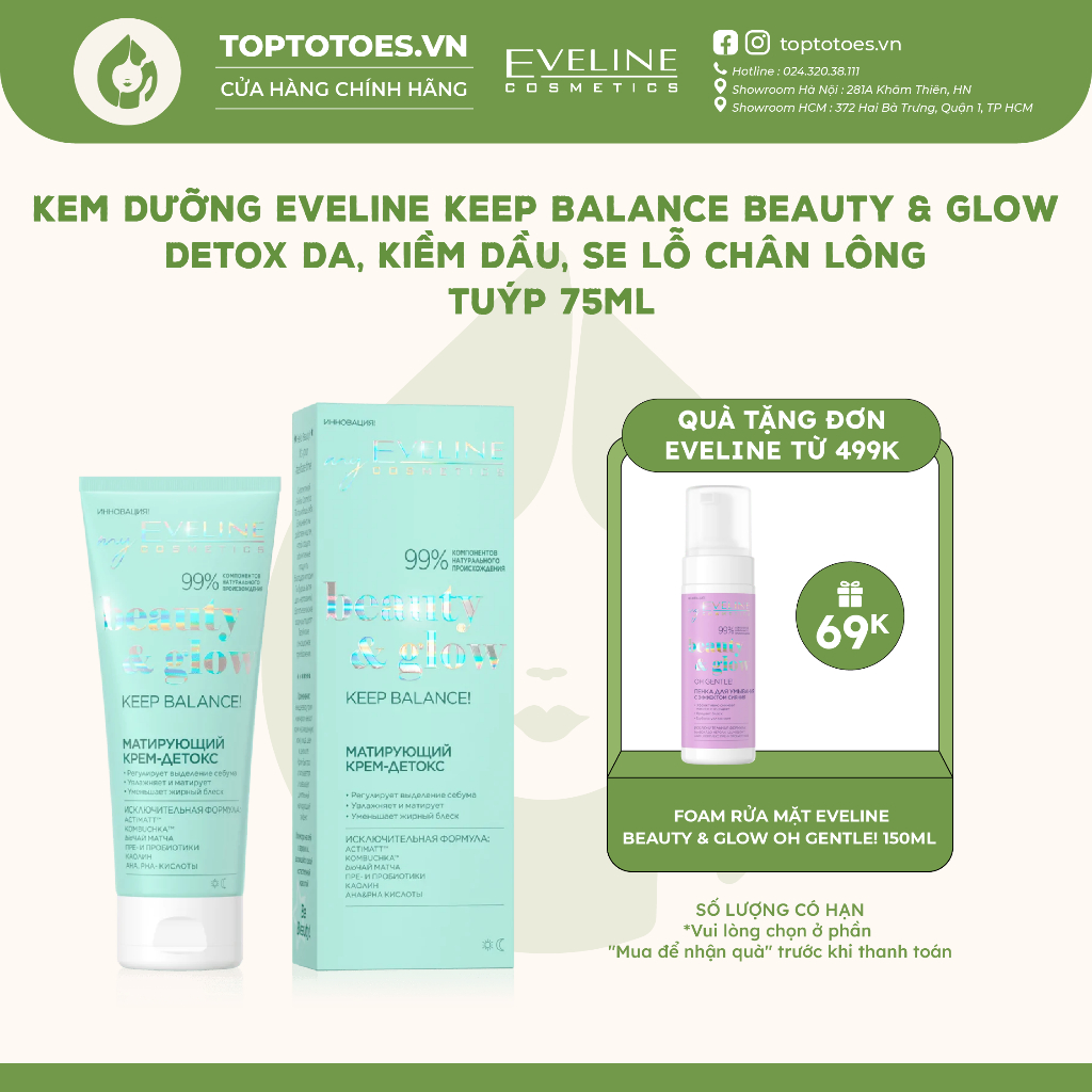 Kem dưỡng Eveline Keep Balance Beauty & Glow Detox da, kiềm dầu, se lỗ chân lông với AHA, BHA và Niacinamide