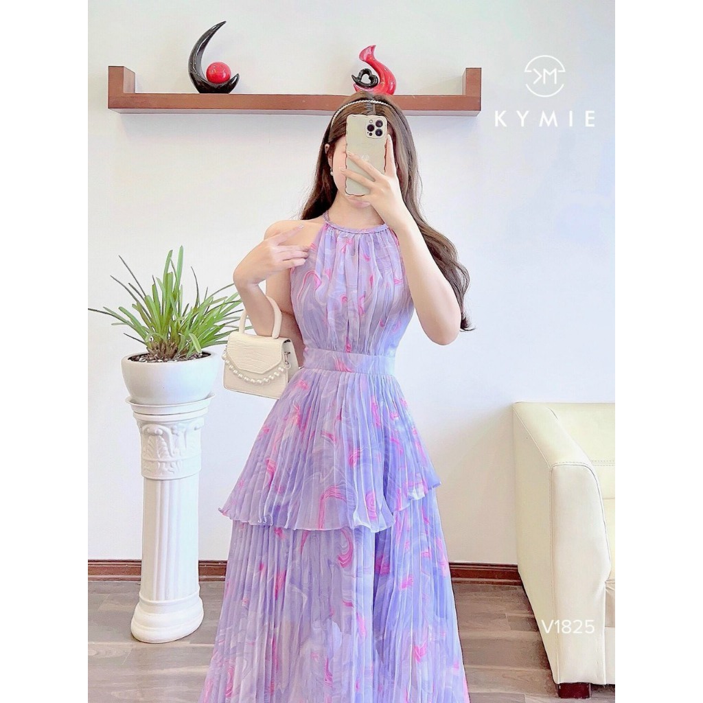 Đầm Voan Hoa Tím Maxi Cổ Yếm Phong Cách Nahouse Hở Vai Dáng Váy Xếp Ly Xòe Tầng Tao Nhã
