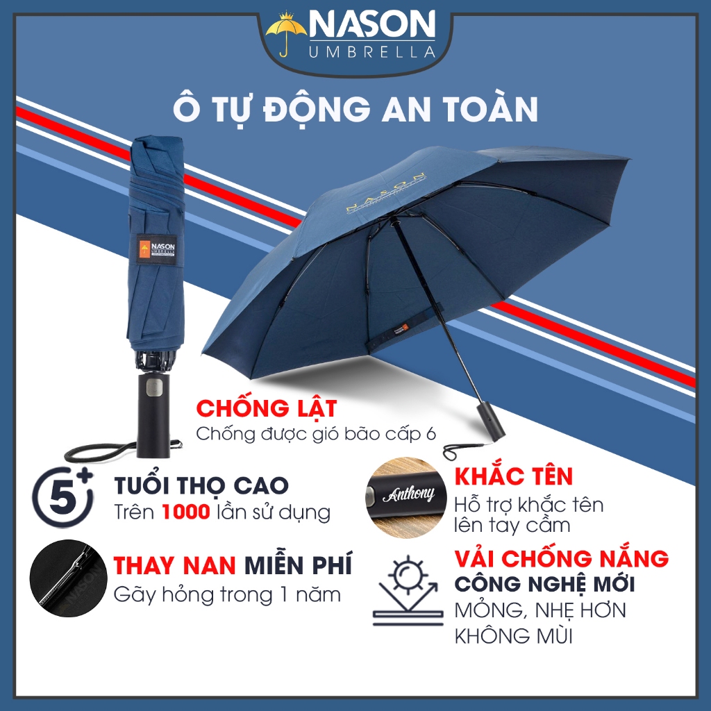 Ô dù tự động an toàn che nắng, che mưa, chống UV, chống gió gấp gọn Nason Umbrella, ô tự động gấp ngược khắc tên cá nhân