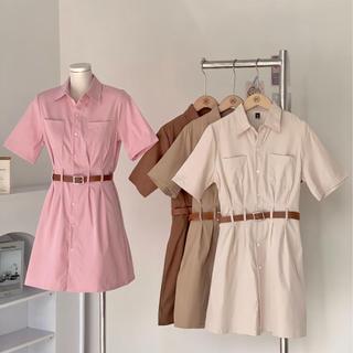 Đầm sơ mi thanh lịch thô 2 da phối túi vuông cúc gỗ kèm belt HAVANA DA81