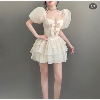 Đầm công tầng tay bồng đính nơ [Nhà Của Méo Store]