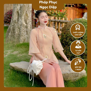 Đồ lam đi chùa kiểu, đồ đi lễ chùa kiểu, pháp phục đi chùa tơ voan thêu hoa pháp phục ngọc diệp