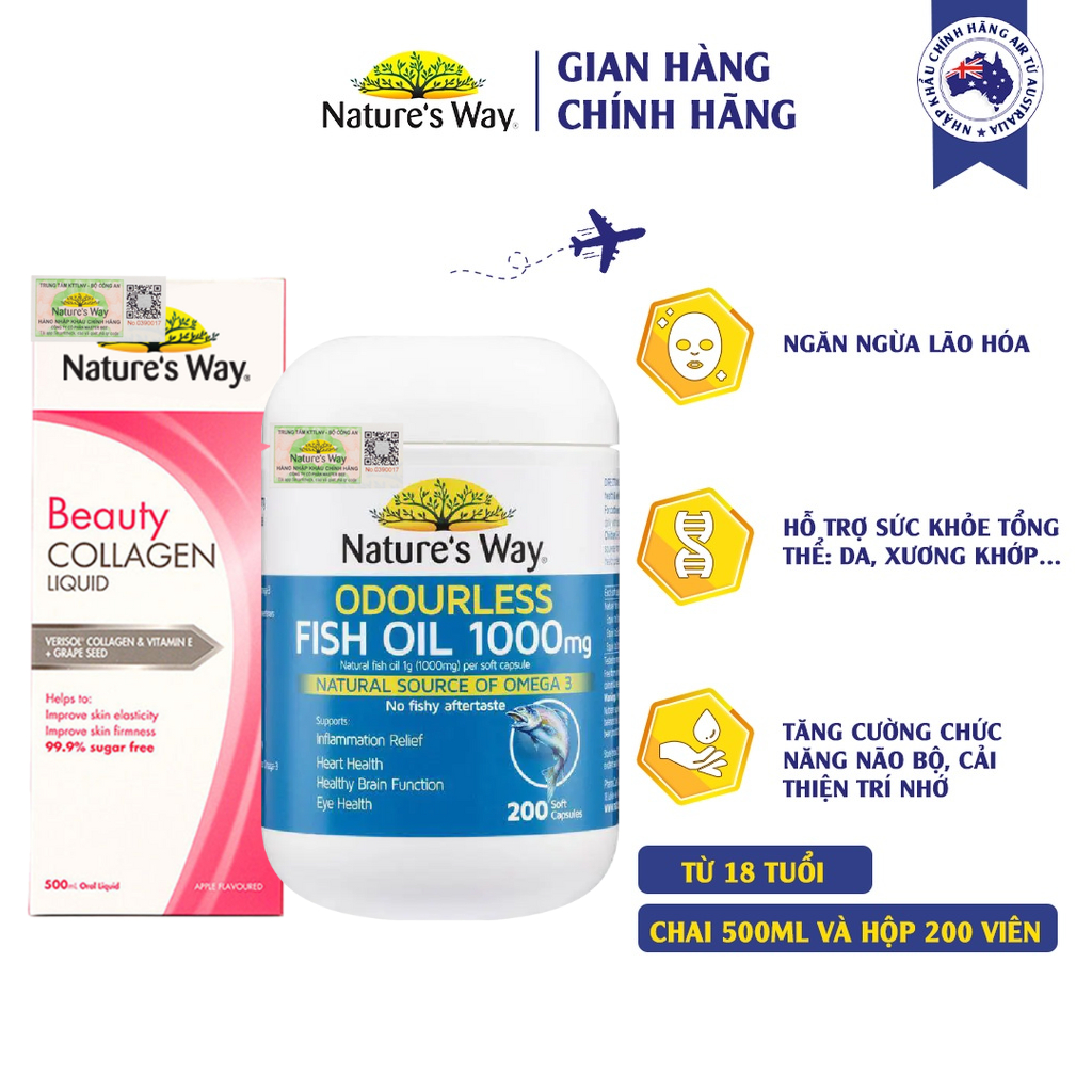 Combo Làm Đẹp Beauty Collagen Liquid, Odourless Fish Oil NATURE'S WAY Hỗ Trợ Thị Lực, Giảm Lão Hóa, Tăng Độ Đàn Hồi Da