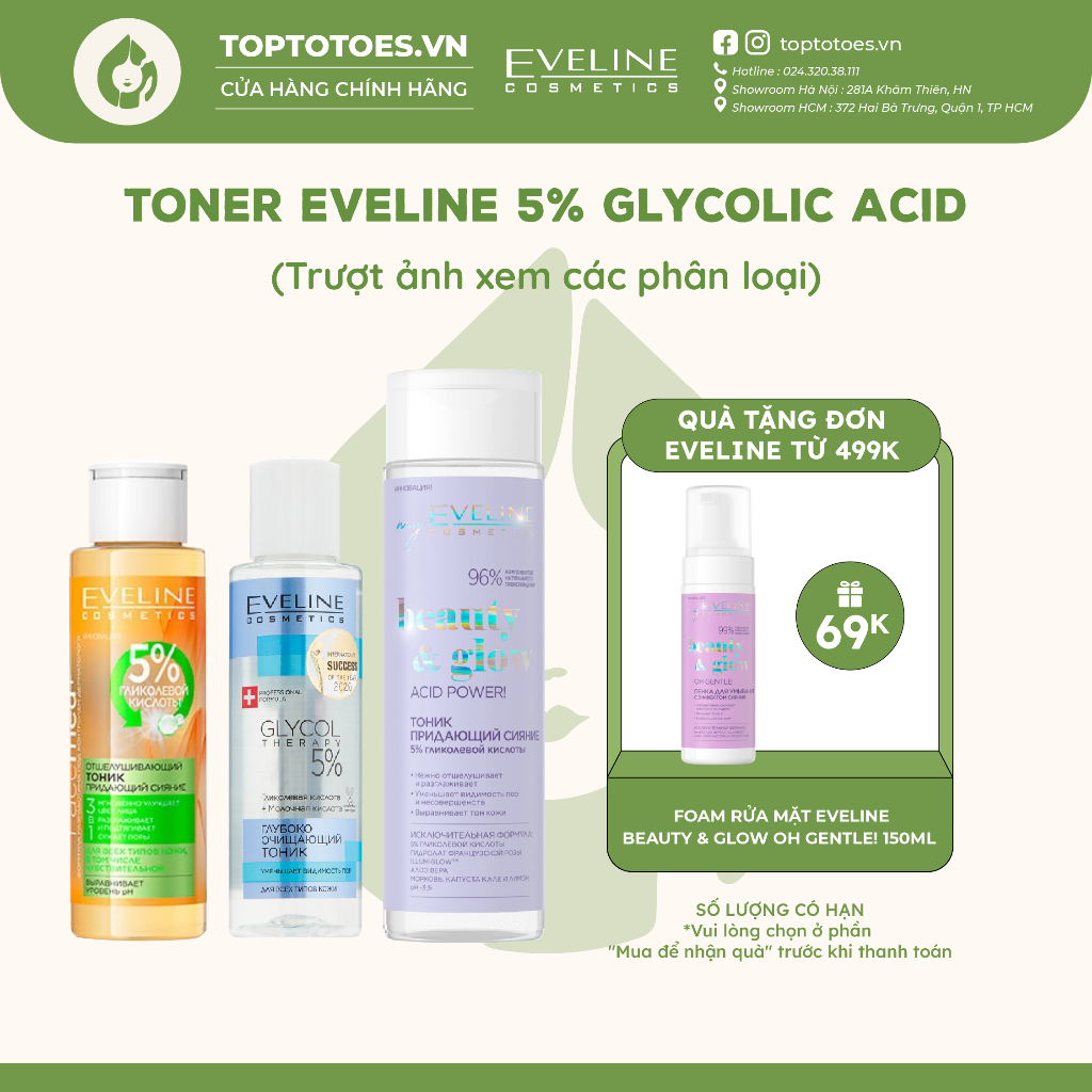 Toner Eveline 5% Glycolic acid làm da căng bóng, sáng mịn, mờ thâm sạm