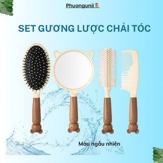 Combo 4 sản phẩm gương, lược gỡ rối, lược chải tóc xoăn, lược dẹt