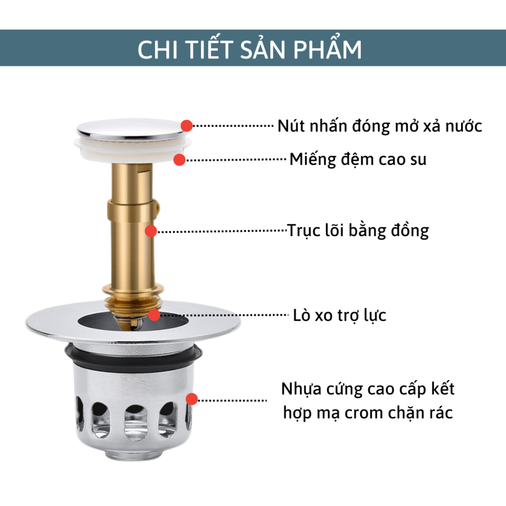 Nút chặn thoát nước nhấn xả lõi đồng cho Lavabo, ngăn mùi, lọc rác bồn rửa mặt - AZ Store