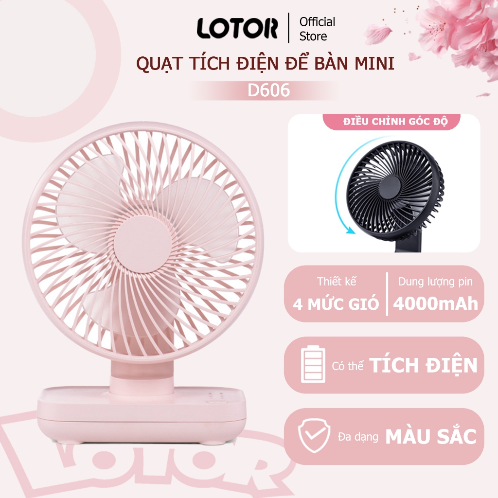 Quạt tích điện mini D606, quạt để bàn điều chỉnh lên xuống 90 độ, 4 tốc độ gió, pin 4000mAh - LOTOR.HCM