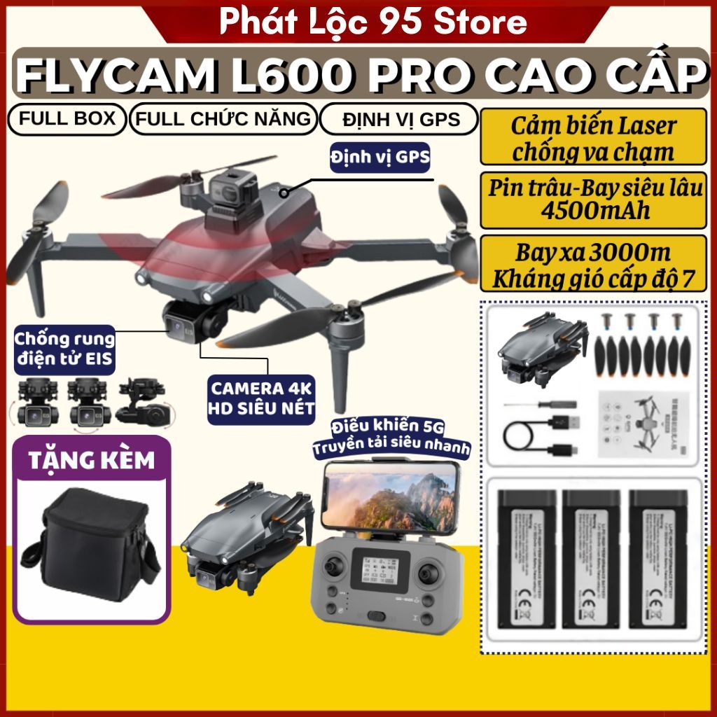 Flycam Camera 8K Drone Mini L600 Pro Max G.P.S Động Cơ Không Chổi Than, Gimbal Chống Rung 3 Trục, Plycam pin 4500mAh