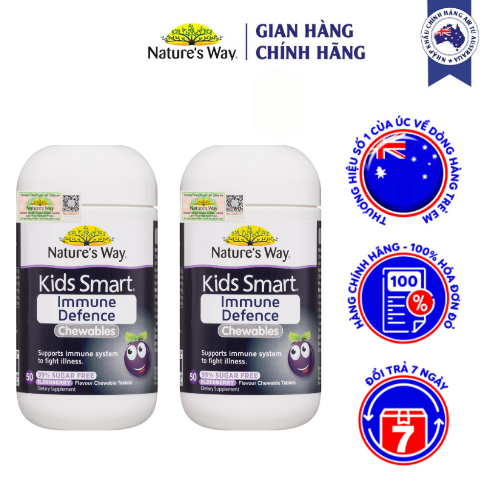 Combo 2 Hộp Viên Nhai Cho Bé Nature’s Way Kids Smart Immune Defence Chewables Tăng Cường Miễn Dịch 50 Viên