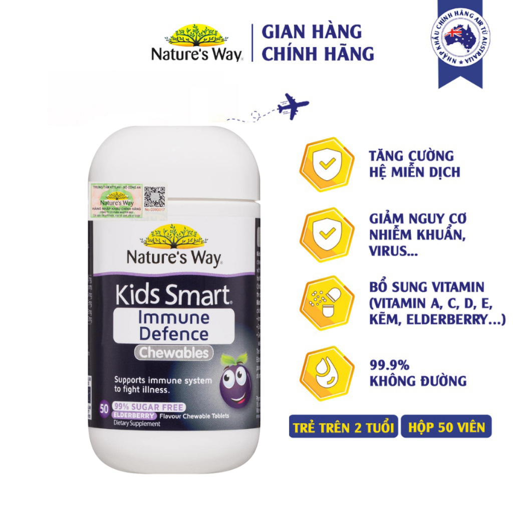 Viên Nhai Cho Bé Nature’s Way Kids Smart Immune Defence Chewables Tăng Cường Miễn Dịch Và Sức Đề Kháng 50 Viên