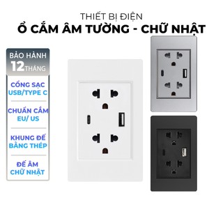 Ổ cắm Chữ Nhật tích hợp Cổng sạc USB A và Type C, Ổ cắm chịu tải cao 15A, Chuẩn đế âm US