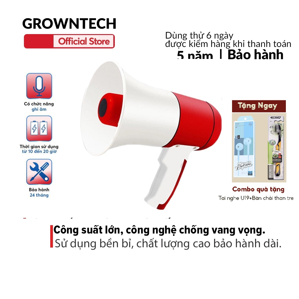 Loa Phóng Thanh 25W GrownTech nghe nhạc công suất lớn chức năng ghi âm Megaphone cầm tay, ghi âm pin chuẩn