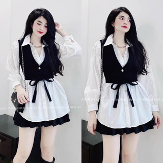 Sét áo khoác vest sát nách cột nơ +áo sơ mi phôm dài, set áo khoác vest sát nách cột nơ + áo sơ mi voan form dài