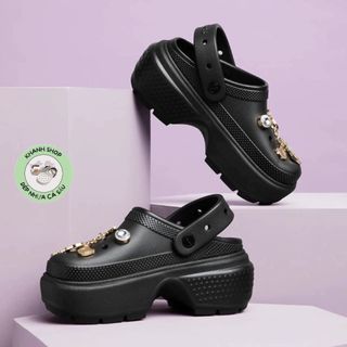Dép sục cross Band Stomp Clog nữ đế cao 7cm nhựa đi mưa, hàng chuẩn chính hãng, tặng 10 Jib
