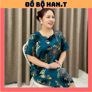  Bộ đồ trung niên quần lửng áo cổ tàu lụa mango cao cấp Polka Dot  cổ tàu  HAN.T SHOP 