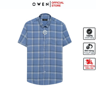 Áo sơ mi ngắn tay nam OWEN AR240025NT somi công sở cao cấp chất nano màu xanh tím kẻ caro dáng suông tà lượn có túi