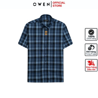 Áo sơ mi ngắn tay nam OWEN AB240012NT somi công sở cao cấp vải sợi tre màu xanh dáng body fit tà bằng có túi