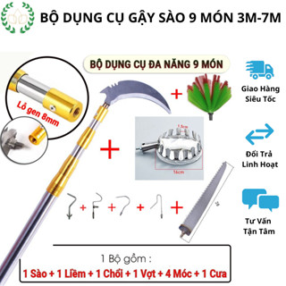 Bộ Dụng Cụ Gậy Sào Rút Gọn Dài 3m - 7m Gồm 9 món:Sào Inox 304, Vợt Quả, Cưa, Liềm Cắt Cành, 4 Móc Đa Năng, Chổi Lau Trần