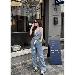 Set jean giấy áo 2 dây khóa lưng kèm quần baggy