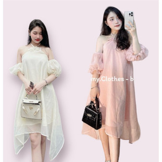 Váy cổ yếm trễ vai cúc ngọc 2 lớp dày dặn ullzang (ảnh thật)