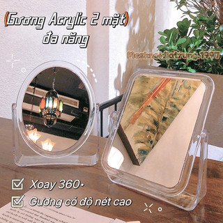Gương Trang Điểm Để Bàn 2 Mặt Trong Suốt Xoay 360 Độ