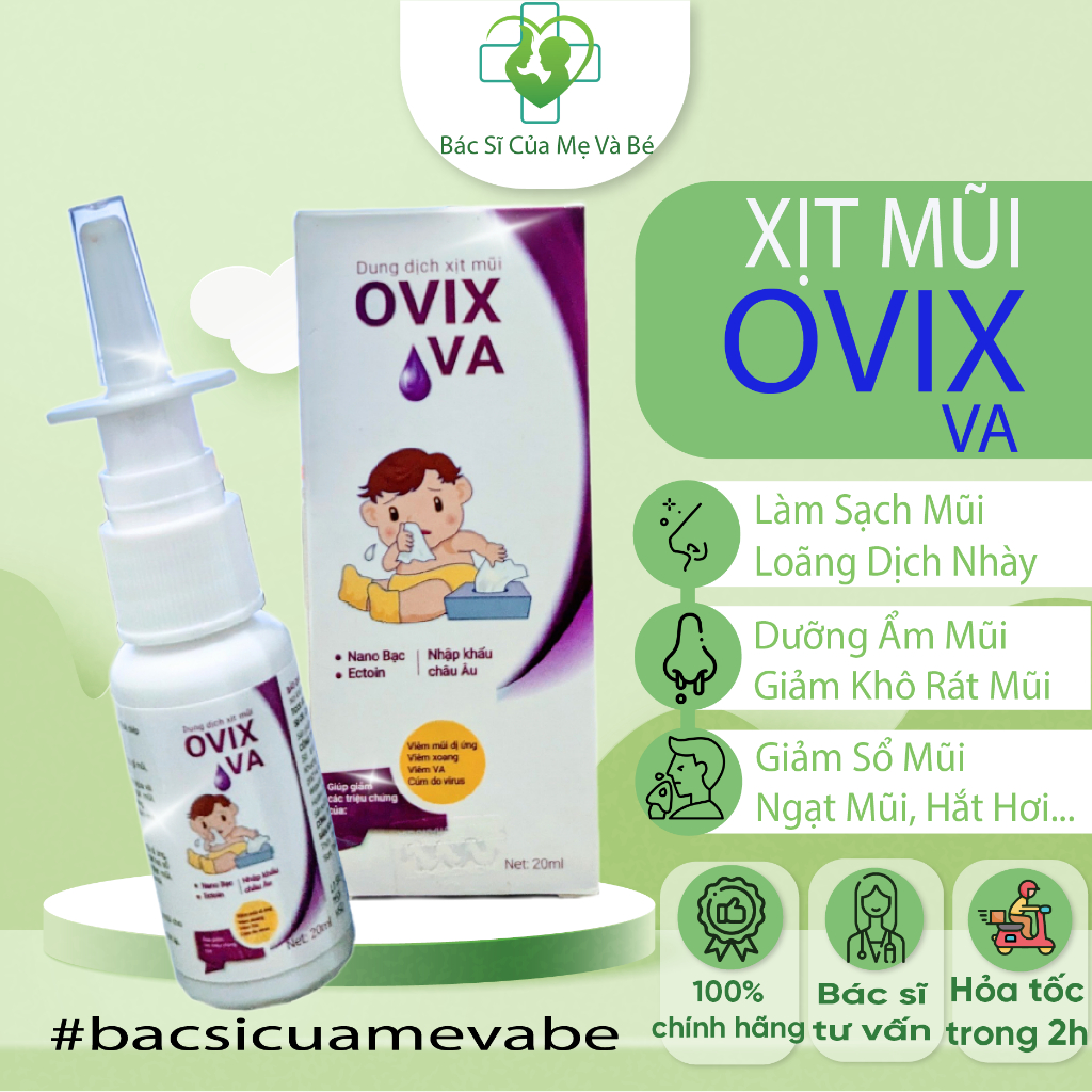 Xịt Mũi Trẻ Em OVIX VA 20ml Chứa Ectoin, Nano Ag+ Hỗ Trợ Giảm Viêm Mũi, Làm Sạch Chất Nhầy