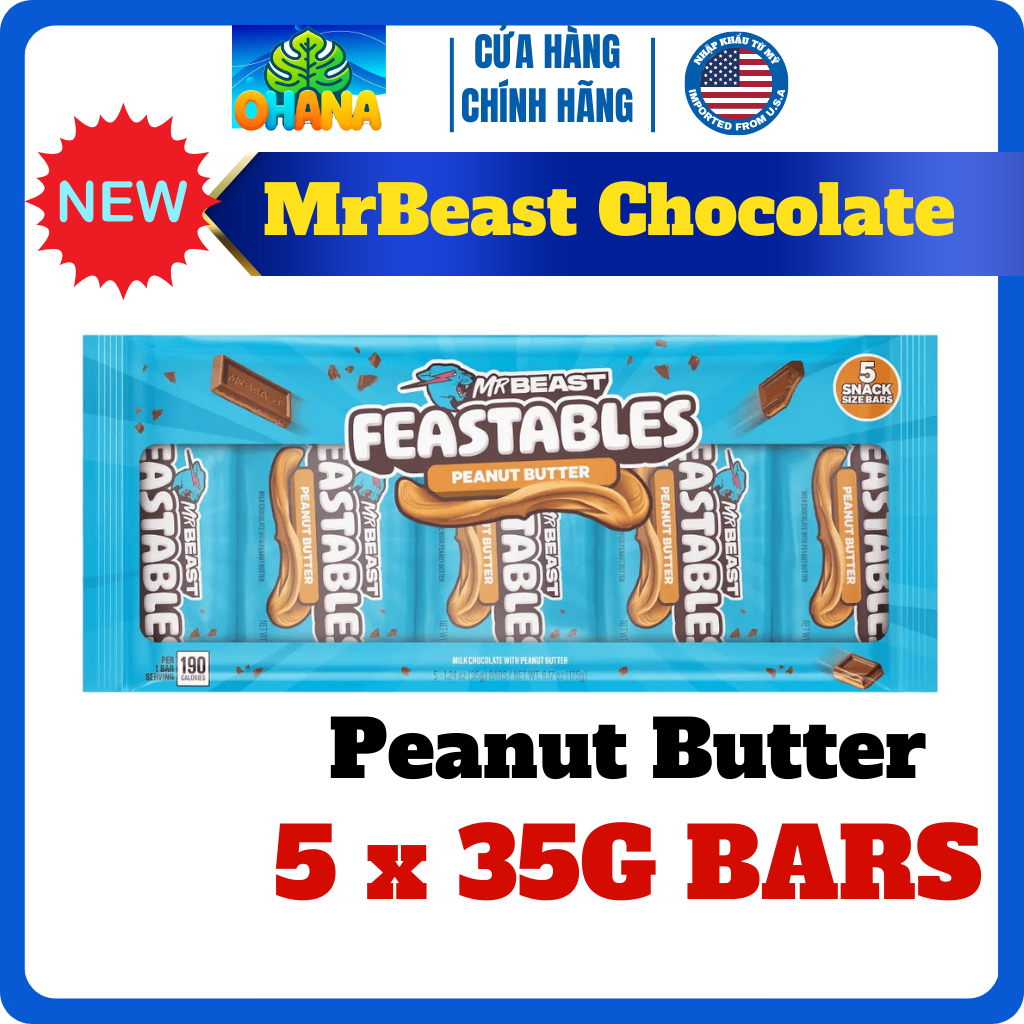 Kẹo socola mrbeast - chocolate mr beast  Feastables MrBeast Chocolate Peanut Butter 5 Snack bars (35g) - 175g NEW